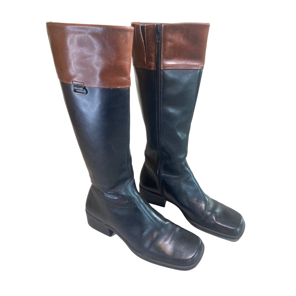 Enzo Angiolini W 9.5 Leather Black Brown Knee High Riding Boots Square Toes - Picture 3 of 12